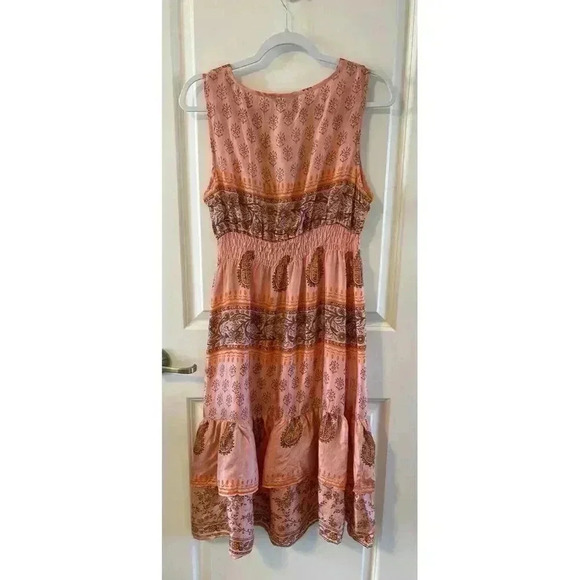 NWT Chaudry KC Size Med 100% Silk Coral Ruffle Floral Knee Length Boho Peasant - Picture 3 of 4